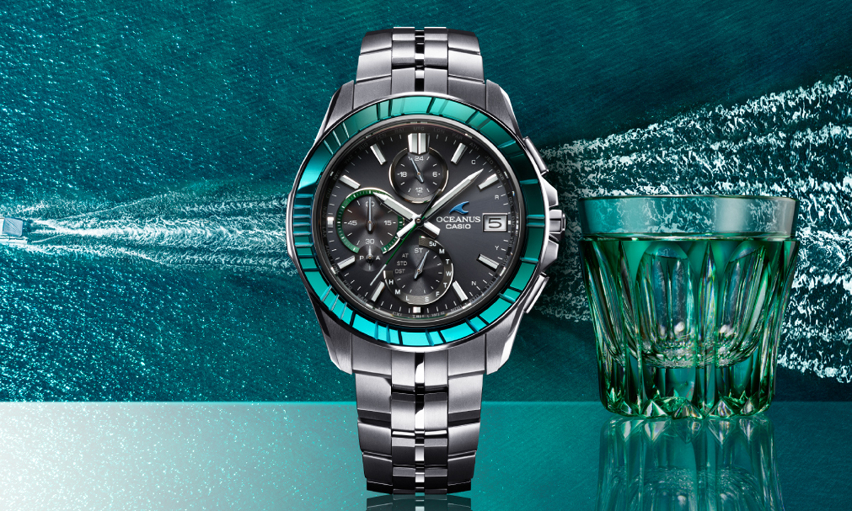 値下げ可能(3年保証付き)新品未使用OCEANUS 20th クロノグラフ　切子 船が作る波の筋「航跡」を江戸切子で表現した【オシアナス】発売20周年