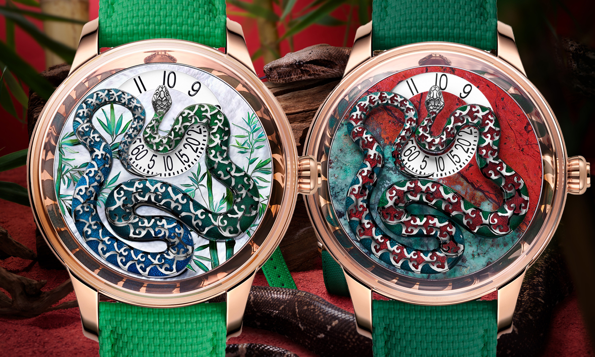 ローズクオーツ　蛇　三人組 ジャケ・ドロー】ド迫力の大蛇が時刻を表示する世界限定1本のユニーク