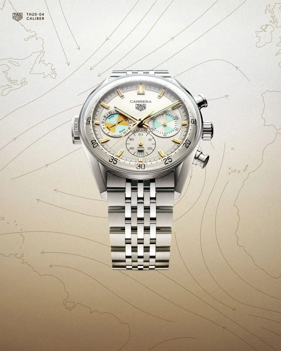 時計 TAGHeuer 限定時計〉伝説の潮汐計付きクロノグラフ「シーファーラー」とグラス